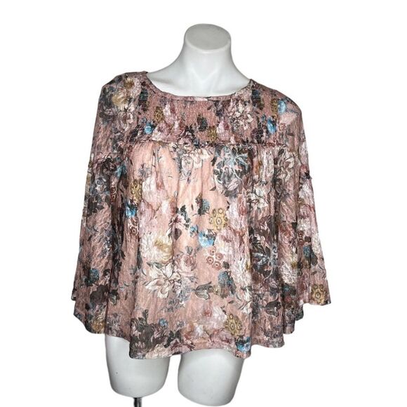 AKEMI + KIN Anthropologie Patrizia Top Smocked Lace Bell Sleeves Floral Size XS - Picture 1 of 9